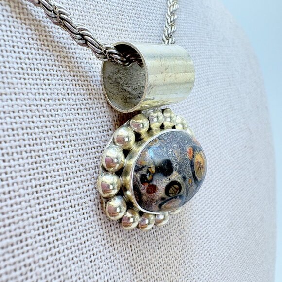 VTG Sterling Silver 925 Leopard Jasper Bezel Set Pendant Necklace 24" Length - Picture 4 of 15